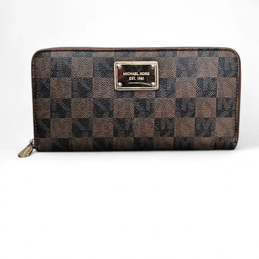 Michael Kors Jet Set Travel Checkered Large Continental Zip Wallet COA Blk Brown